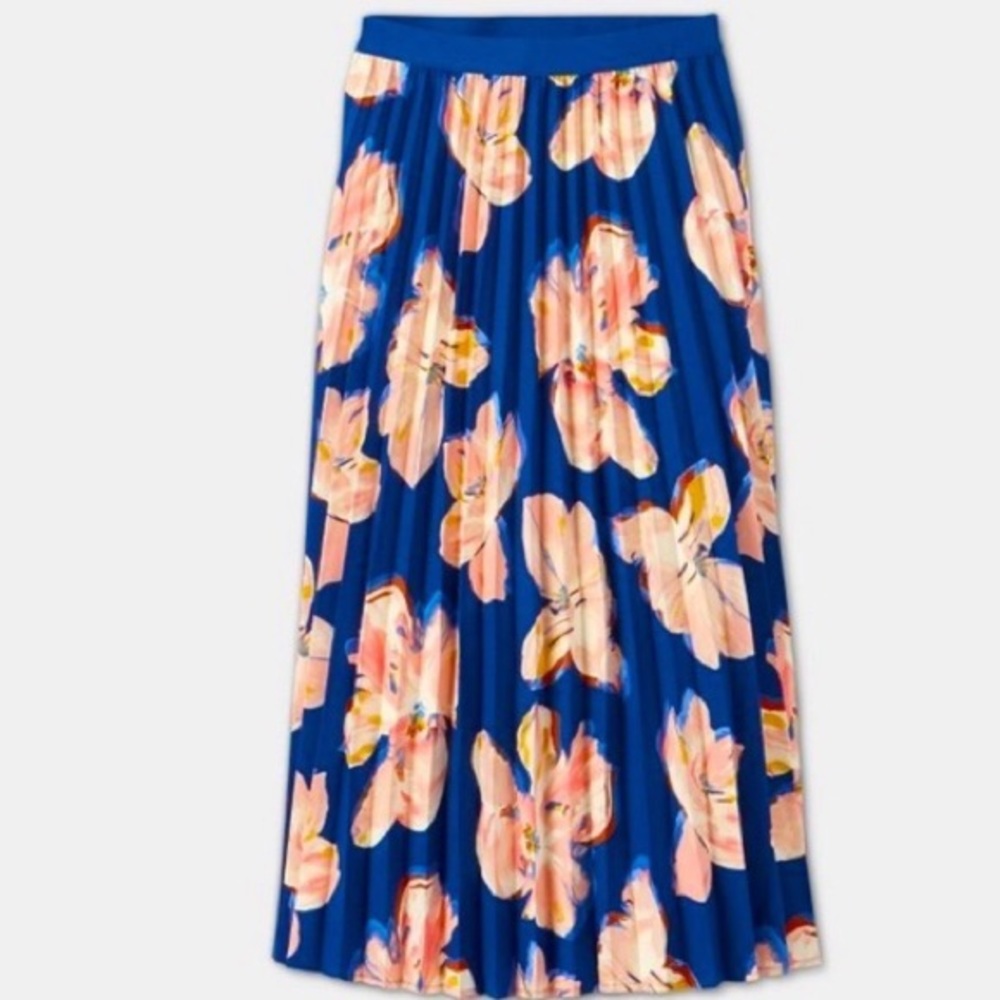 A New Day, pleated blue maxi skirt w/ pink flowers
